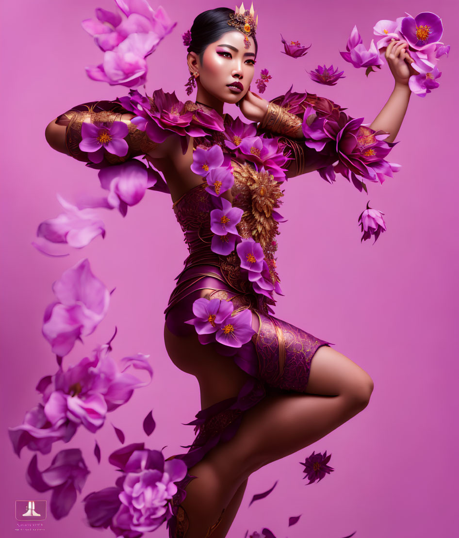 Woman in floral-themed outfit with purple and gold accents posing among floating pink flowers on pink background