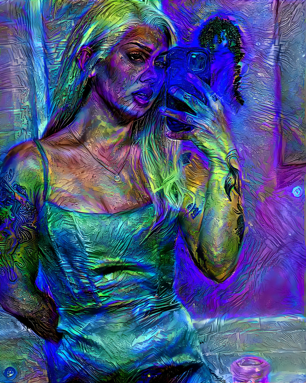 model takes selfie, purple, aqua, painting