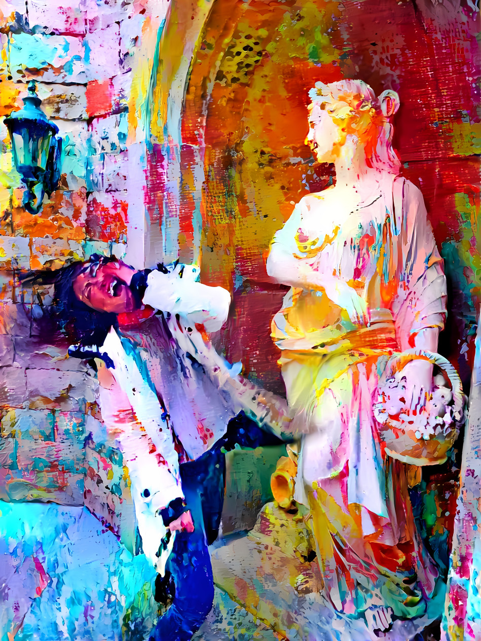 woman slapped by a statue ~ painting