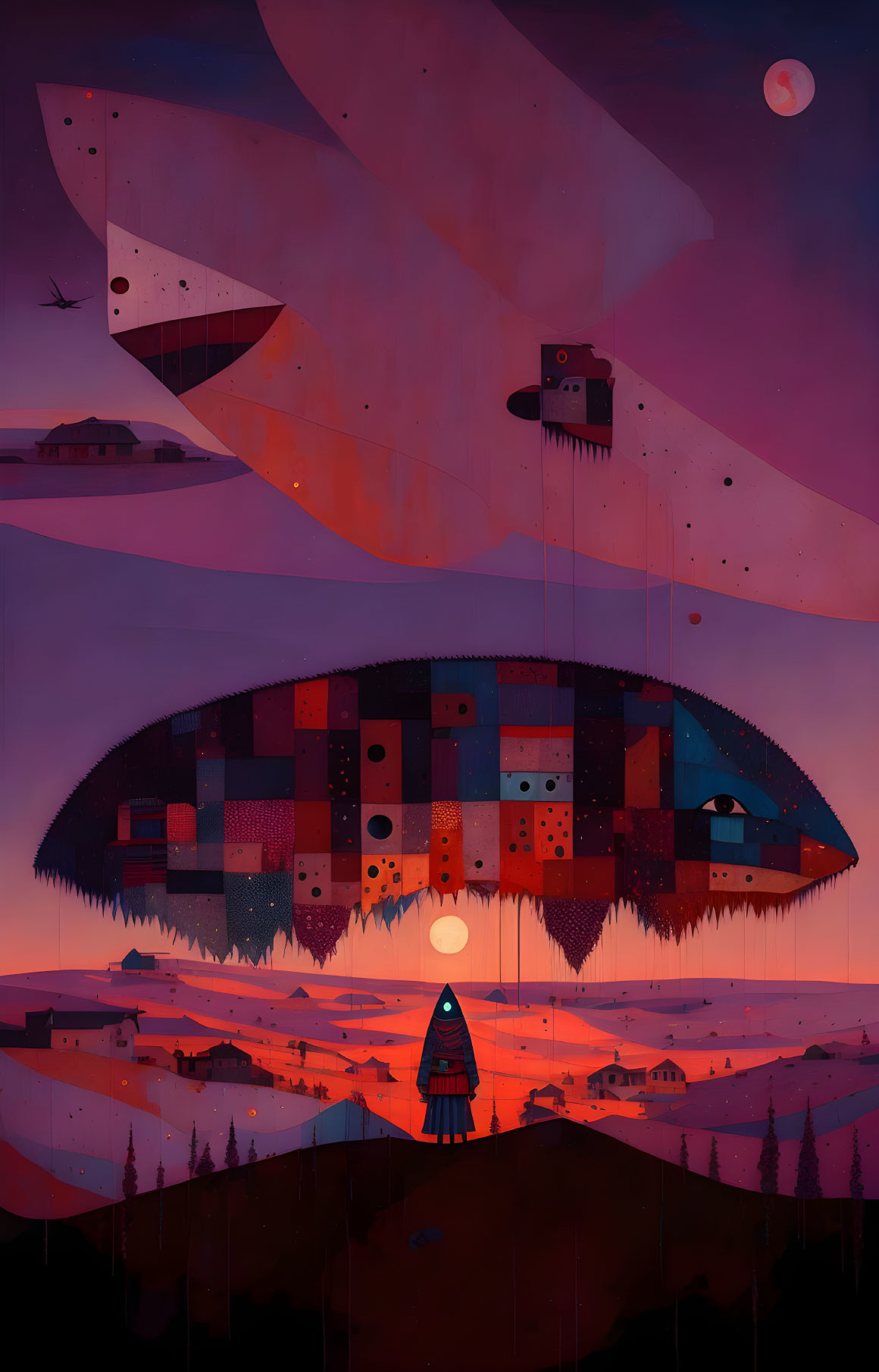 ai, floating ufo creature at sunset, patchwork