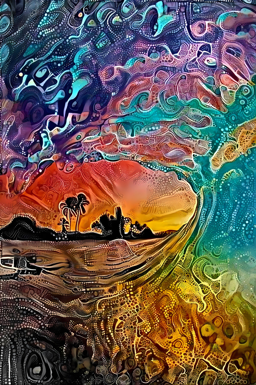 ocean wave retextured, aqua, orange, sunset