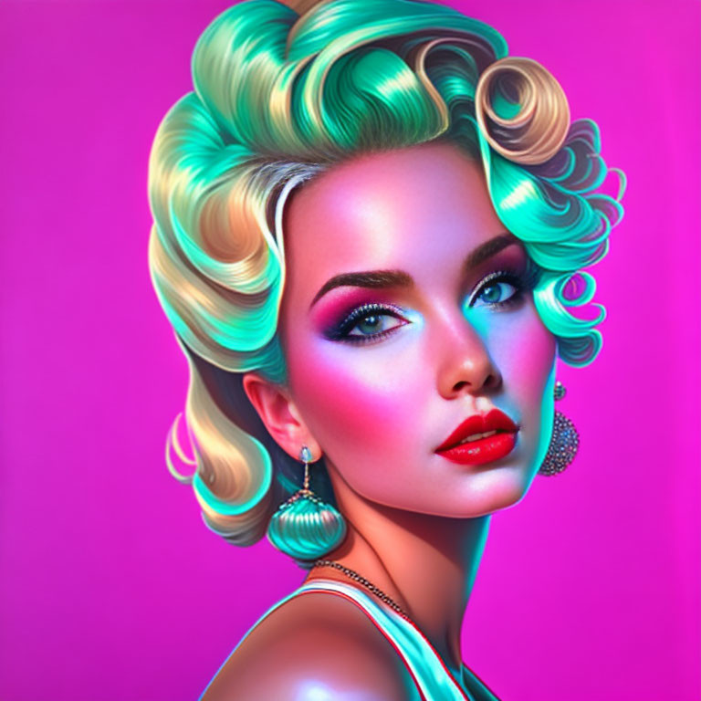 Vibrant digital artwork: Woman with teal and blonde hair, striking makeup, pink background