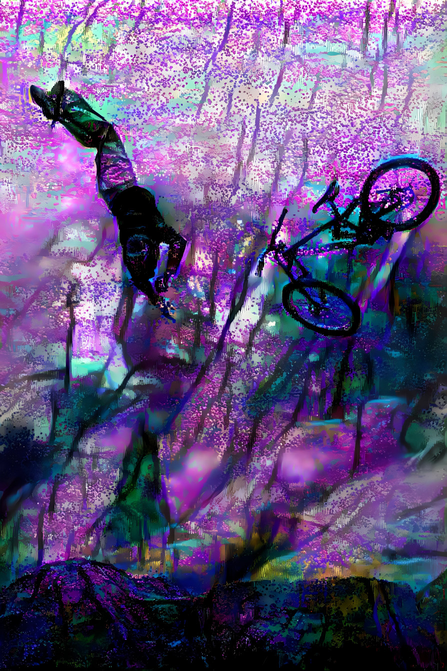 bicycle accident, mid air shot, purple, aqua