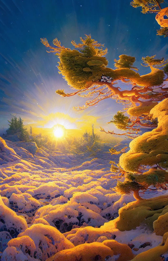 Snow-covered landscape with twisted trees and bright sun amidst starry sky