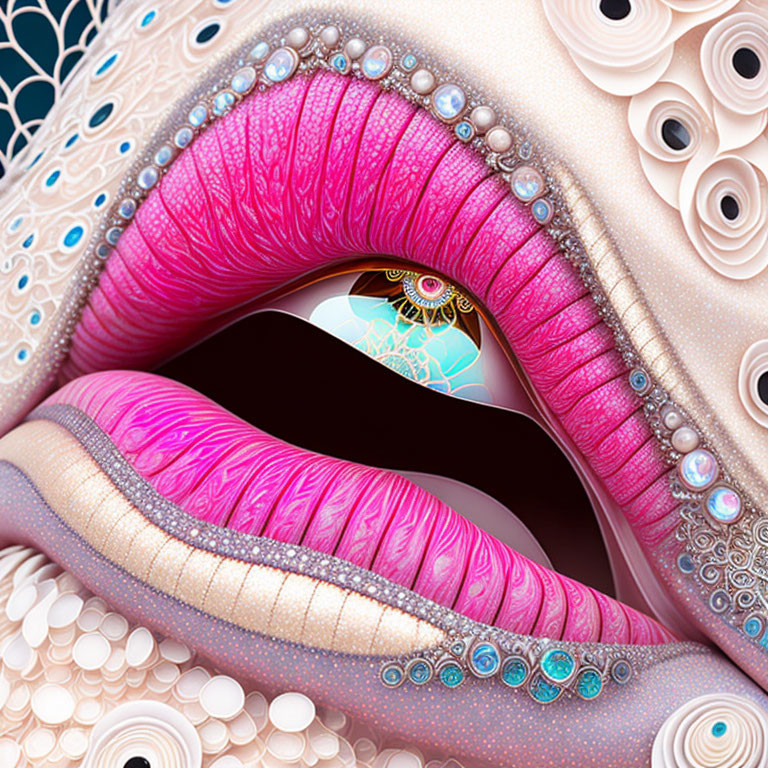 Vivid digital art of stylized mouth with gemstones and floral designs