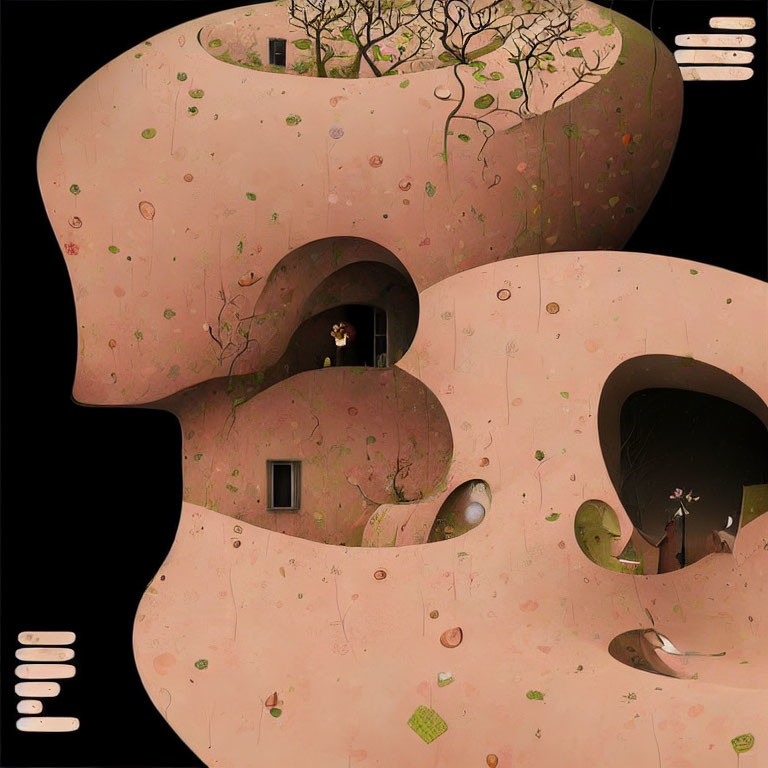 Surreal artwork: intertwined face-shaped structures, trees, windows, and people on black background