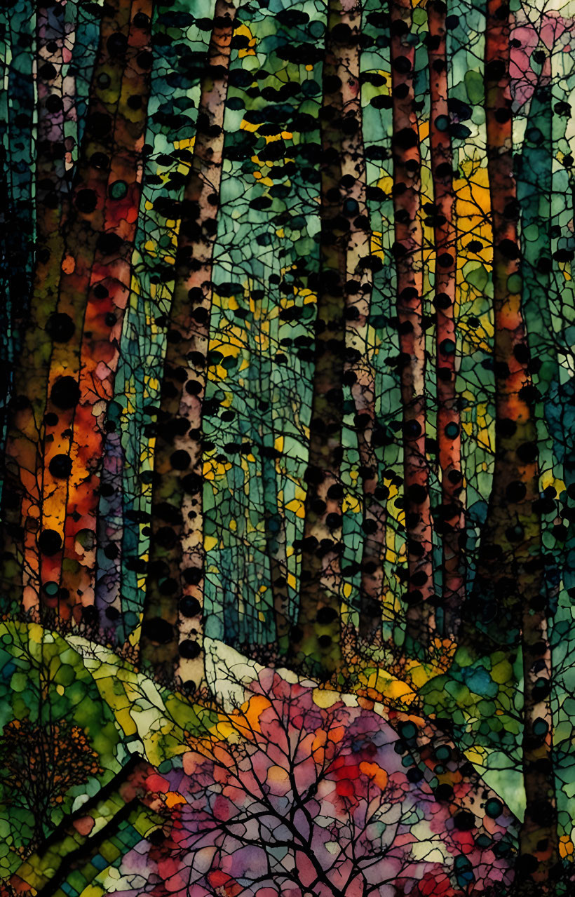 autumn forest landscape patchwork, watercolor