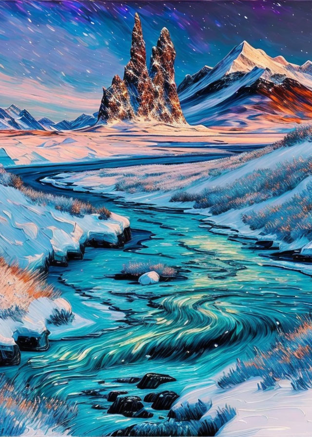 landscape, snowscape, Van Gogh, aurora sky