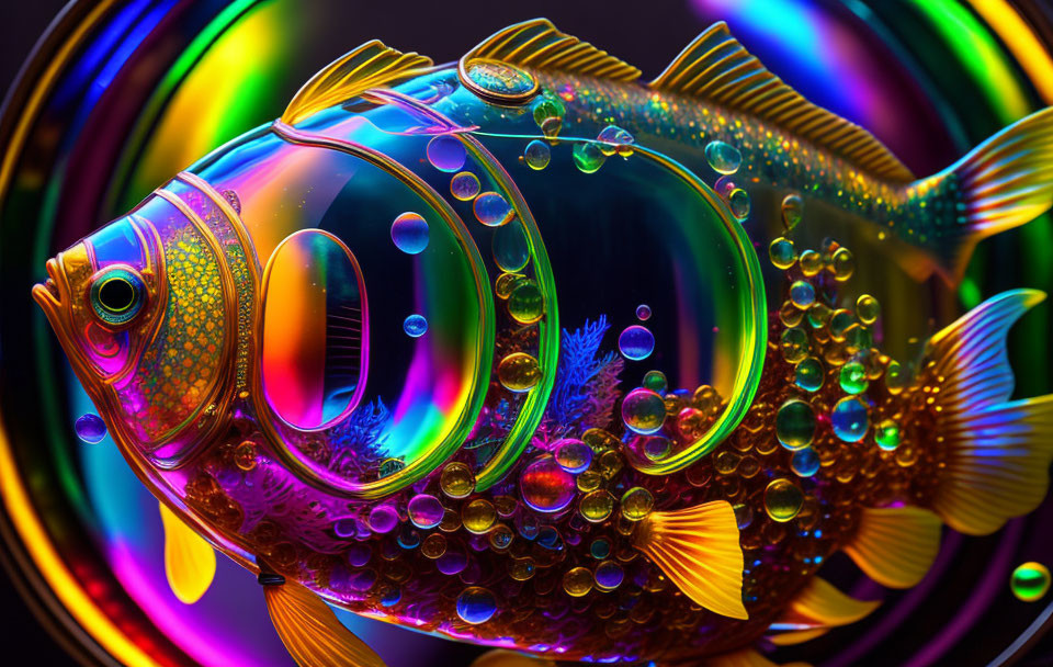 Colorful Digital Art of Iridescent Fish in Neon Rainbow Scene