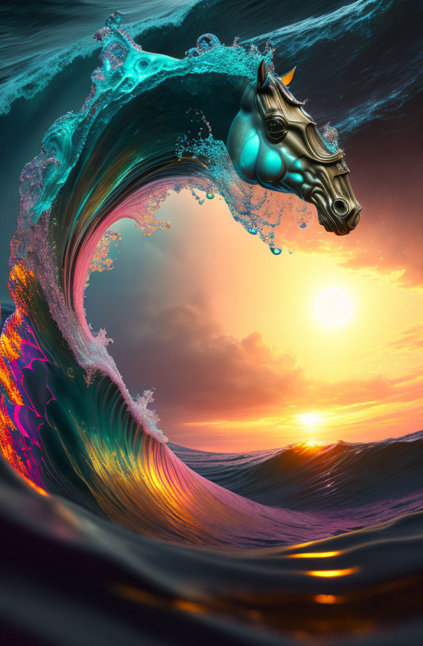 ocean fantasy swirling liquid seahorse wave