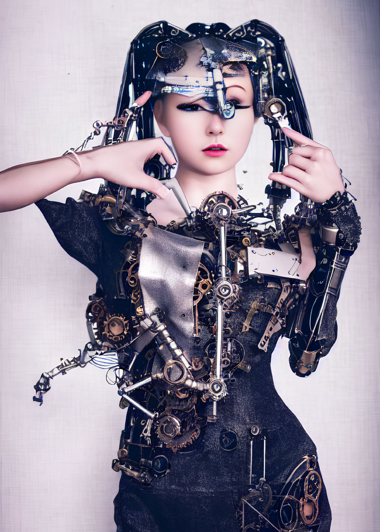 Futuristic portrait of woman with robotic attire and metallic makeup