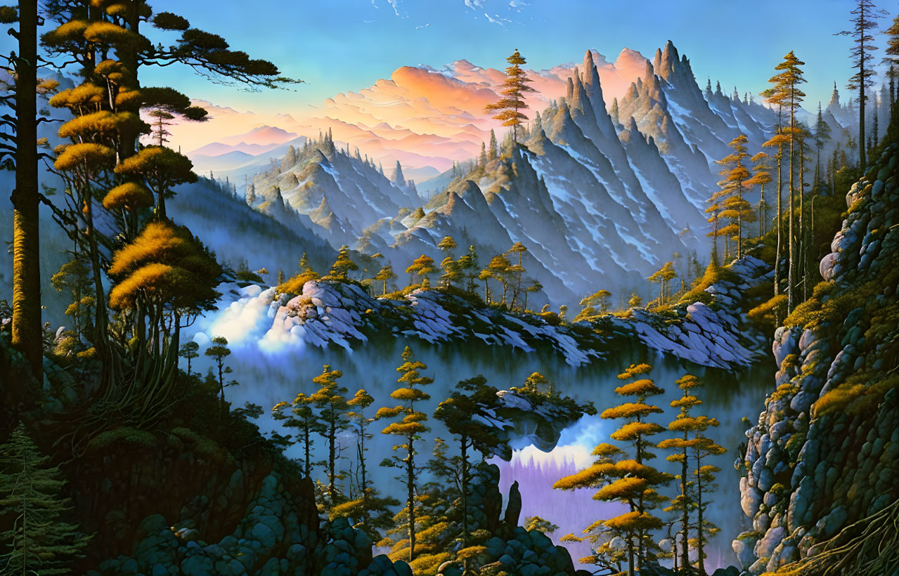 mountain trees, clouds, fantasy art, Z.L. Feng