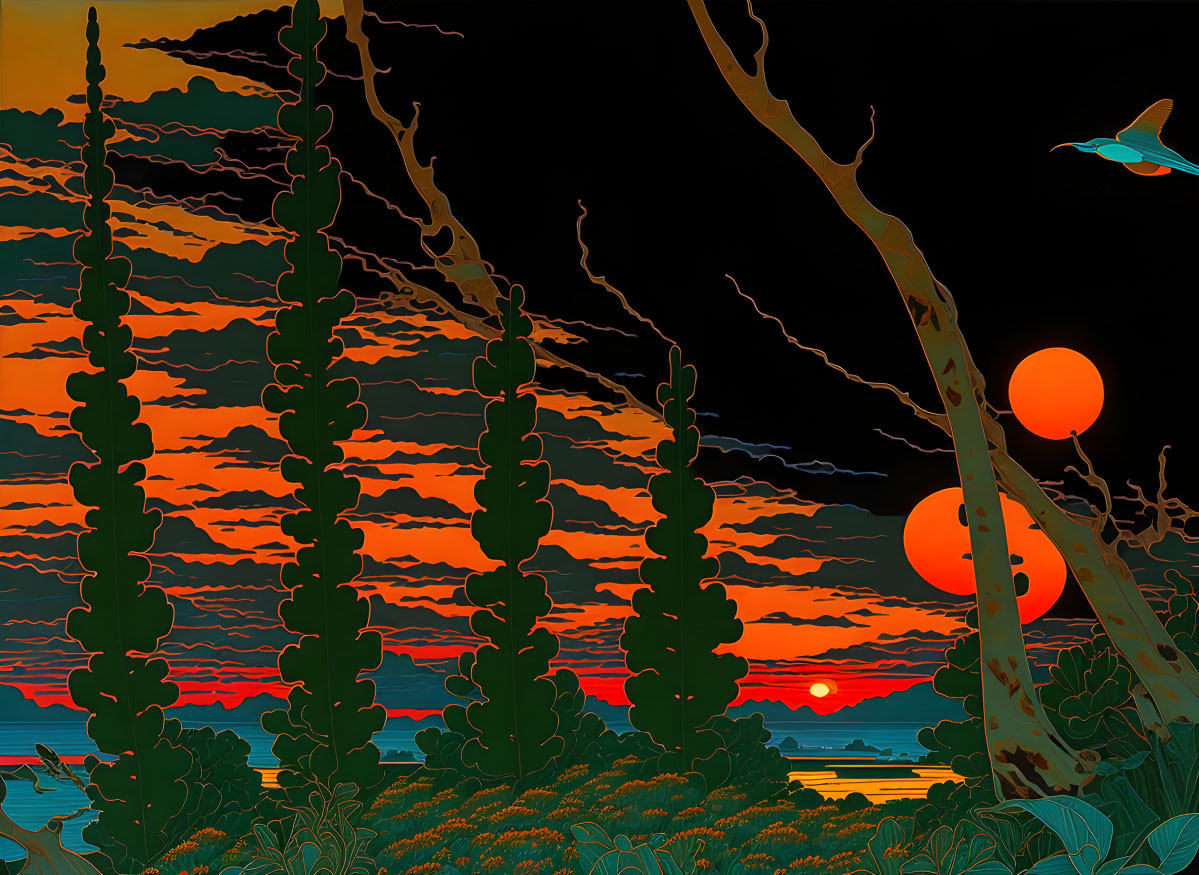 Vibrant sunset with silhouetted trees and multiple suns in fantasy landscape