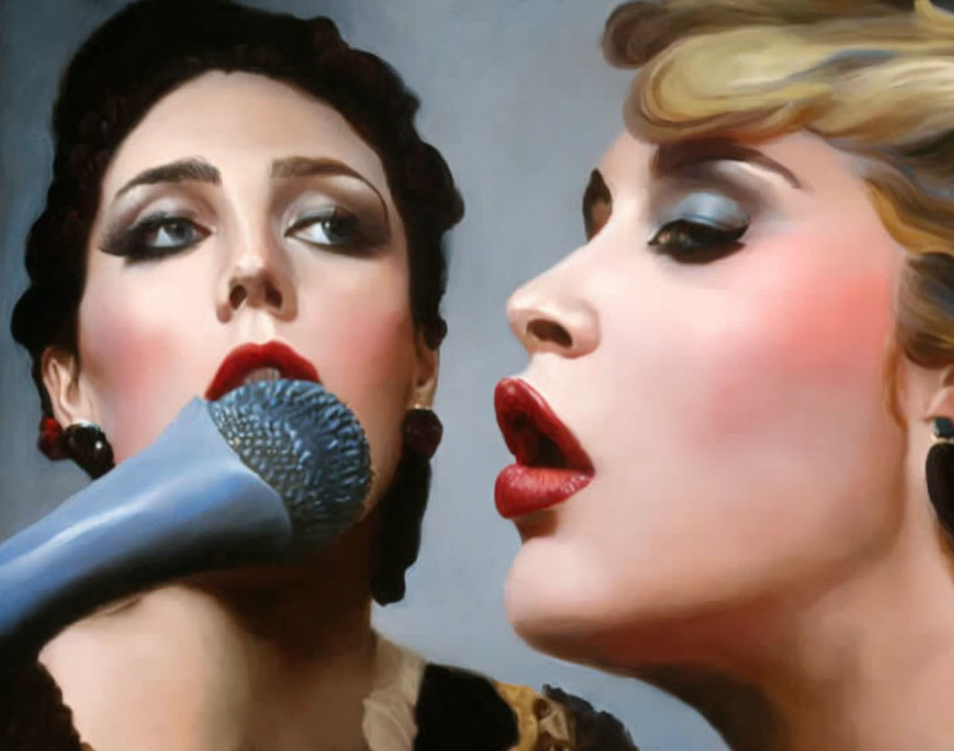 Vintage makeup women singing with microphone in stylized image