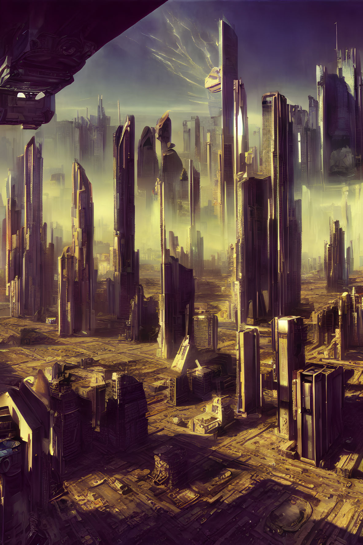 Futuristic cityscape with skyscrapers in golden haze and high-tech architecture