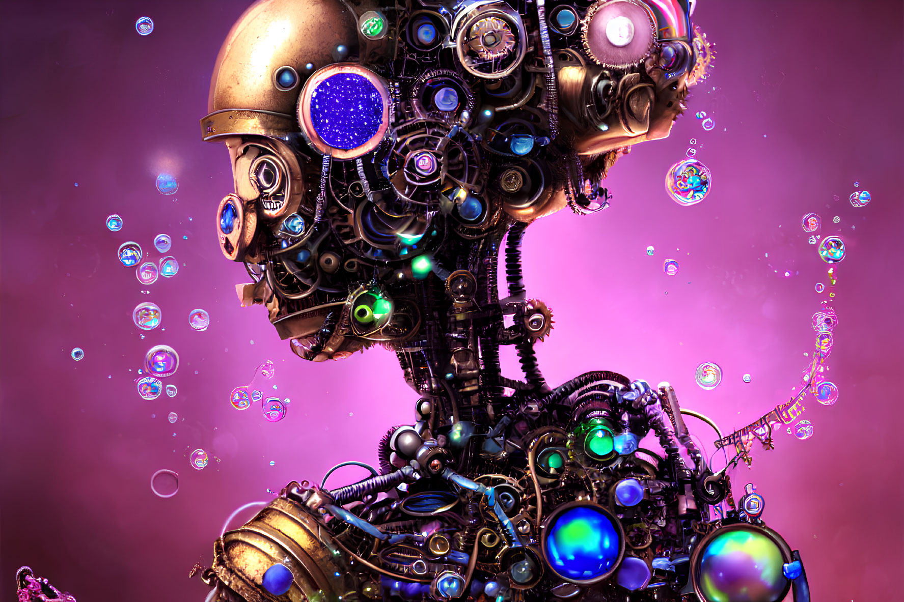 Steampunk-style robot head with glowing blue lights and iridescent bubbles on purple background