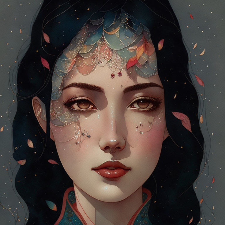 Intricate Adorned Woman with Starry Veil and Floating Leaves