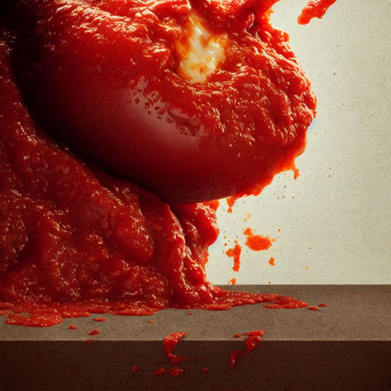 Vibrant red tomato sauce splashes from container on beige surface