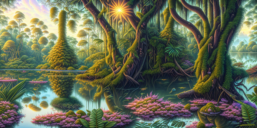 Lush Jungle Scene with Radiant Sunlight