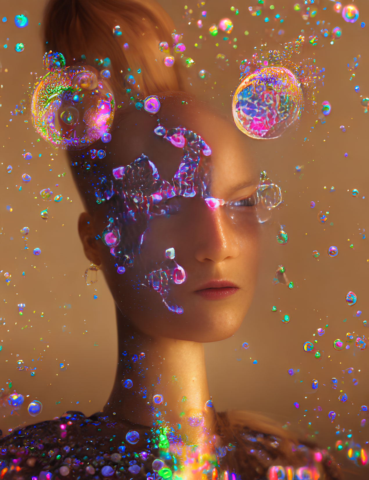 Woman with High Bun Surrounded by Iridescent Bubbles on Glittery Background