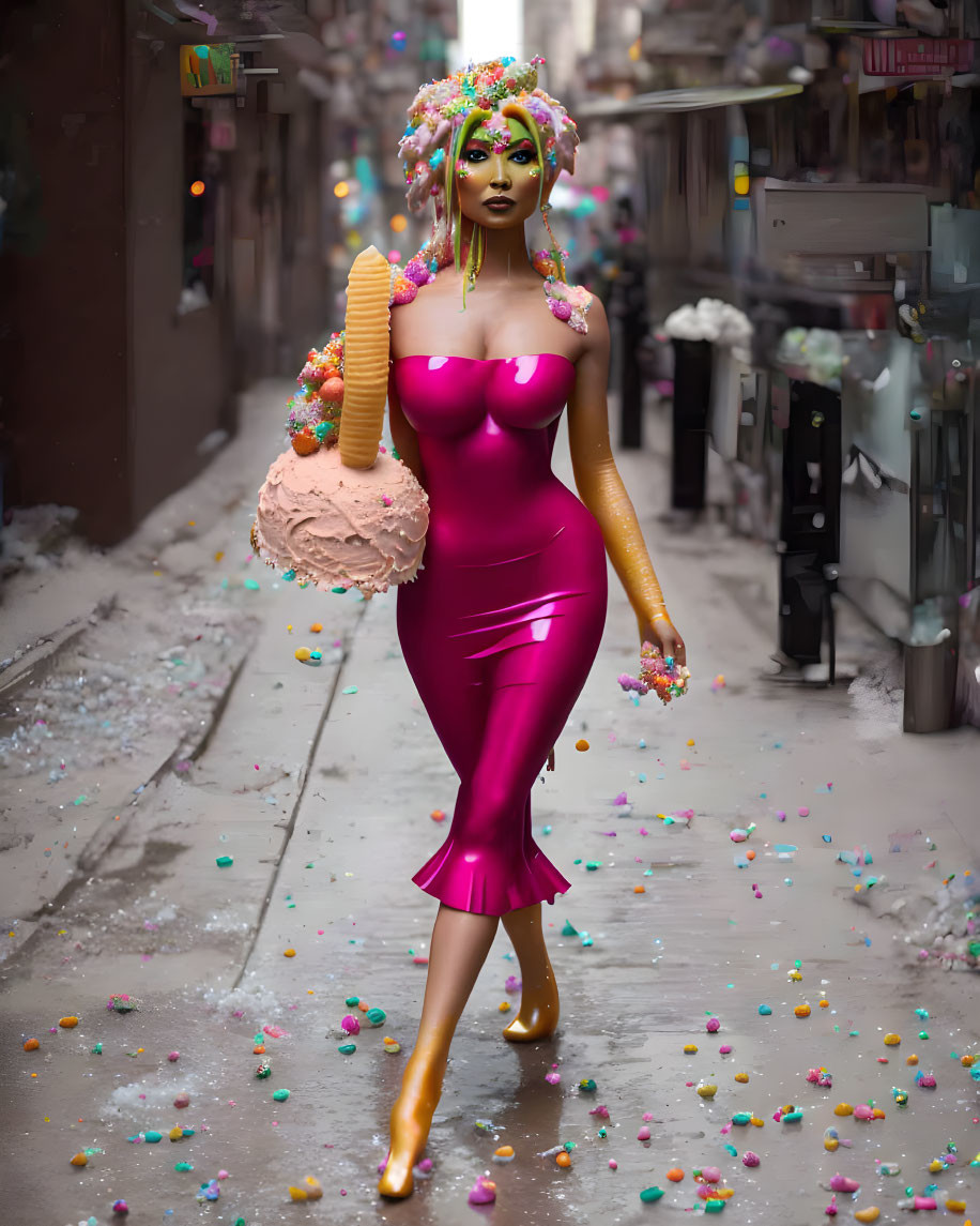 pink candy woman in latex dress, cake, ice cream