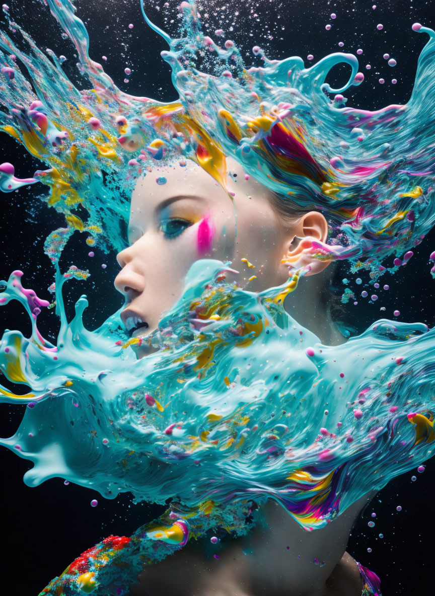 Colorful Liquid Swirls Surrounding Woman's Profile on Dark Background