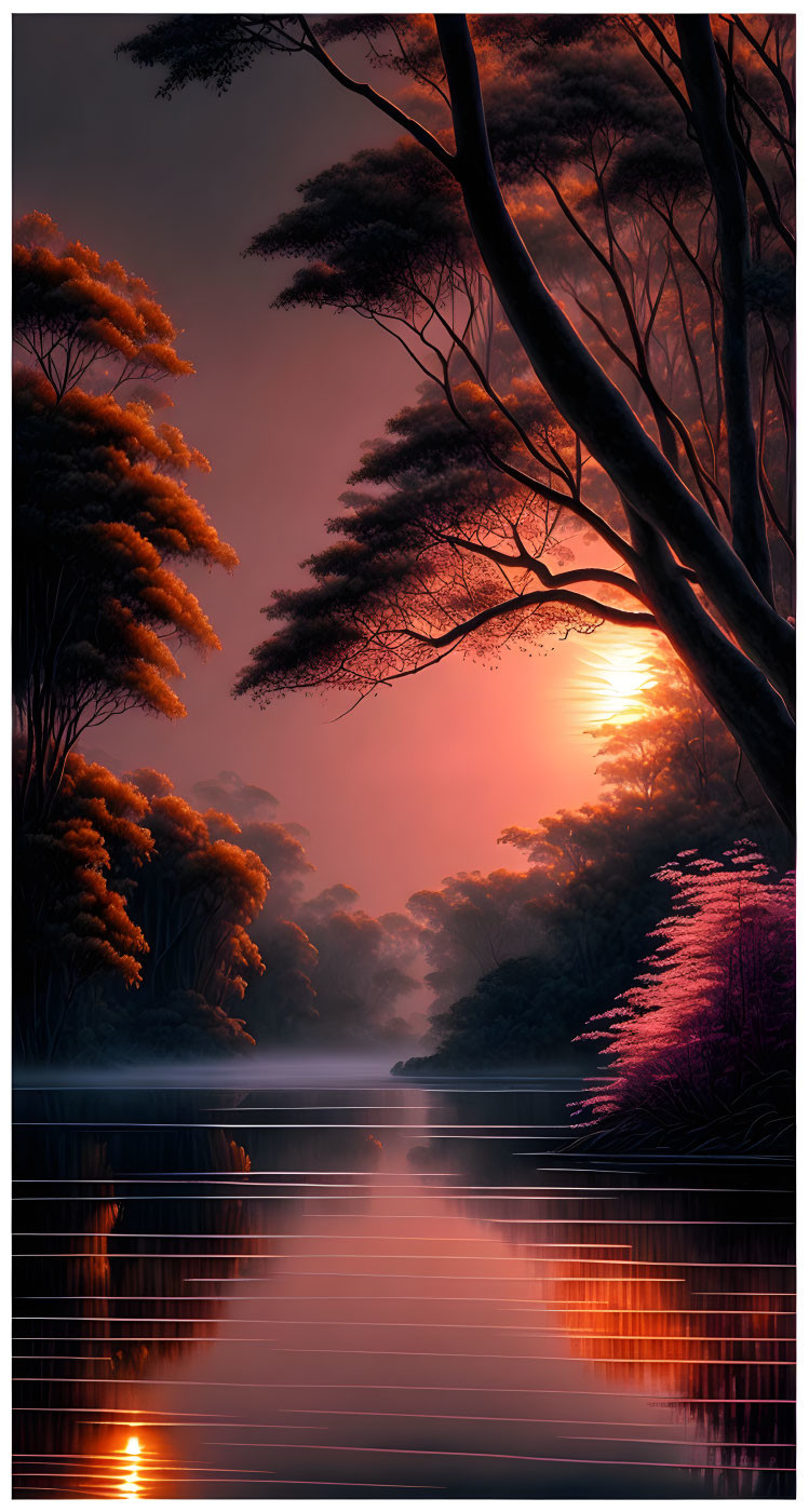 amazon river soft misty sunrise, pink, orange