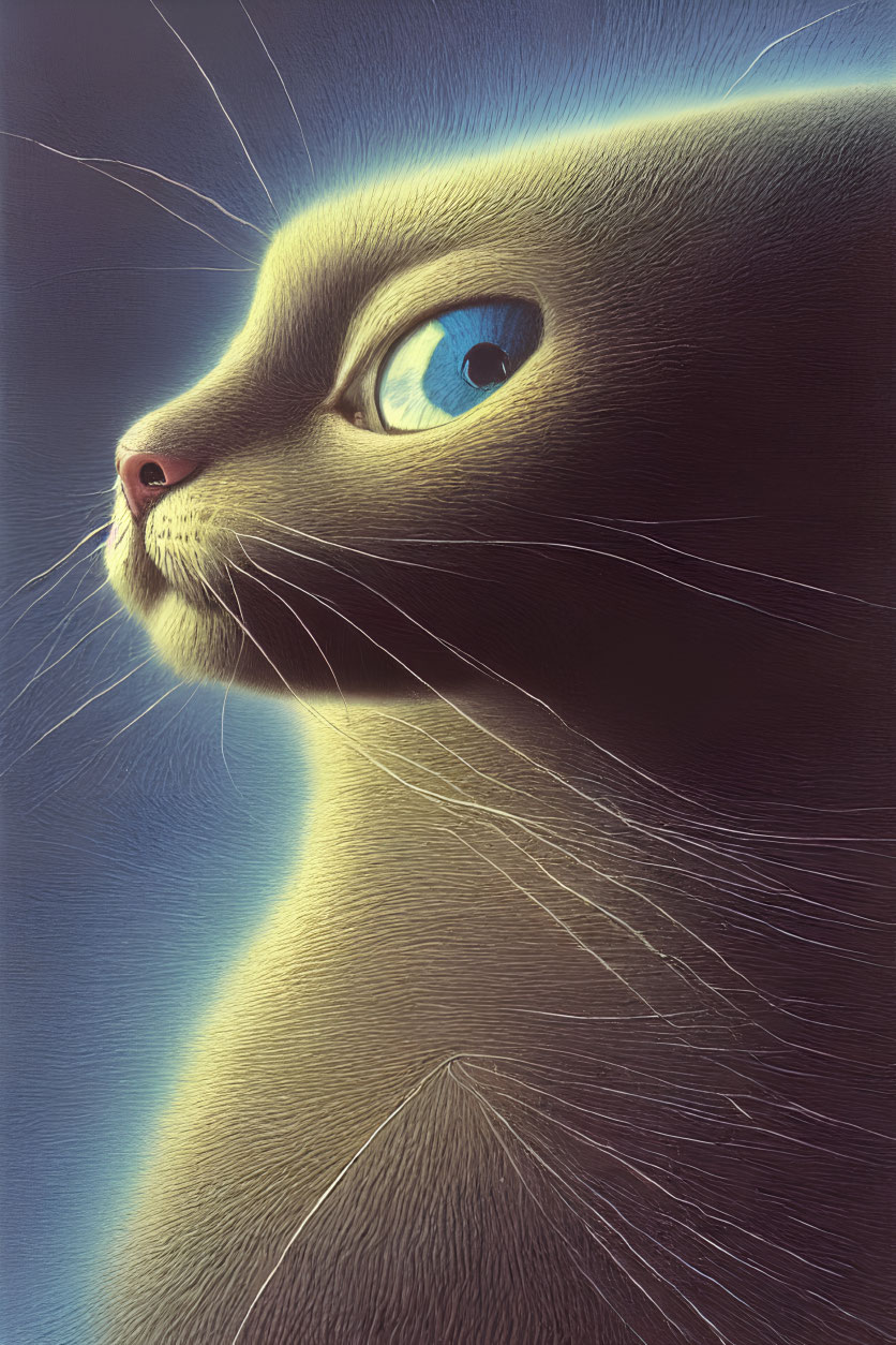 Close-Up View of Cat with Blue Eyes and Detailed Fur Texture in Warm Lighting