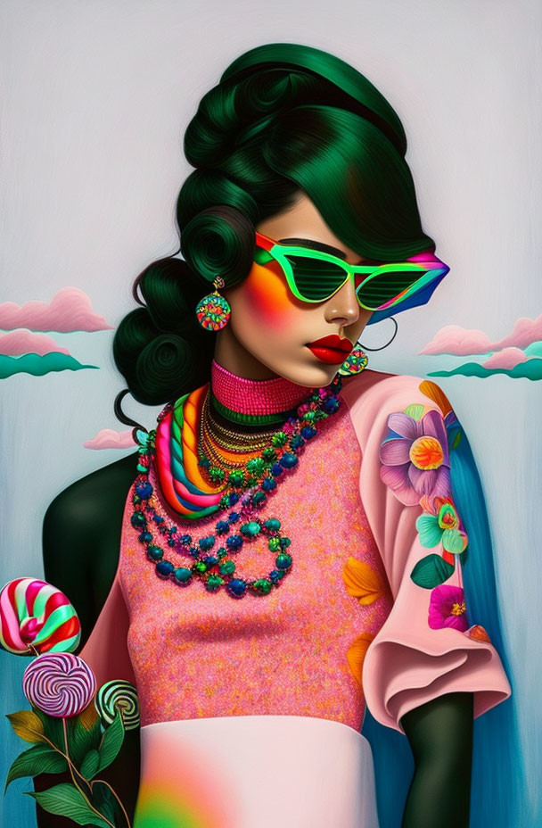 green sunglasses girl, lollipops, neon colors art