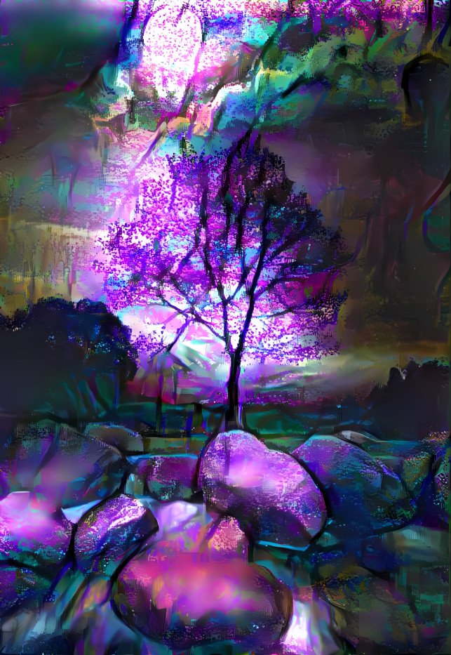 tree, rocks, clouds, retextured purple, pink, aqua