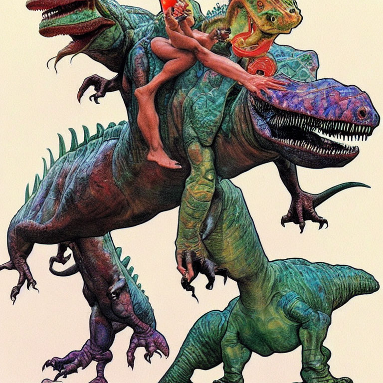 Person riding colorful theropod dinosaur in classic style.