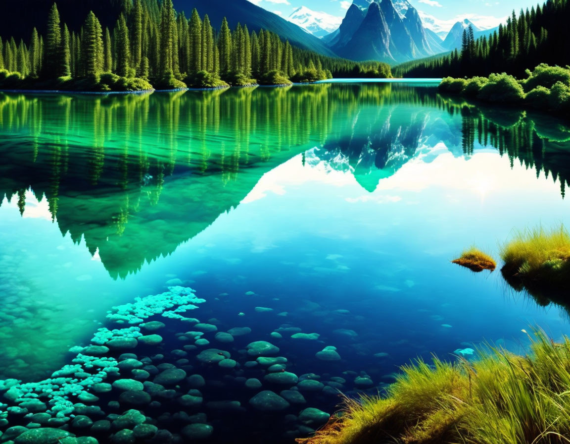 ai, aquamarine reflective water, forest, mountains