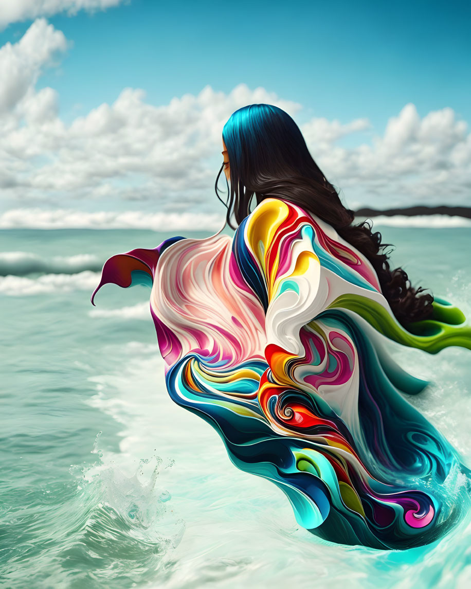 Vibrant woman in flowing dress merges with colorful sea swirls
