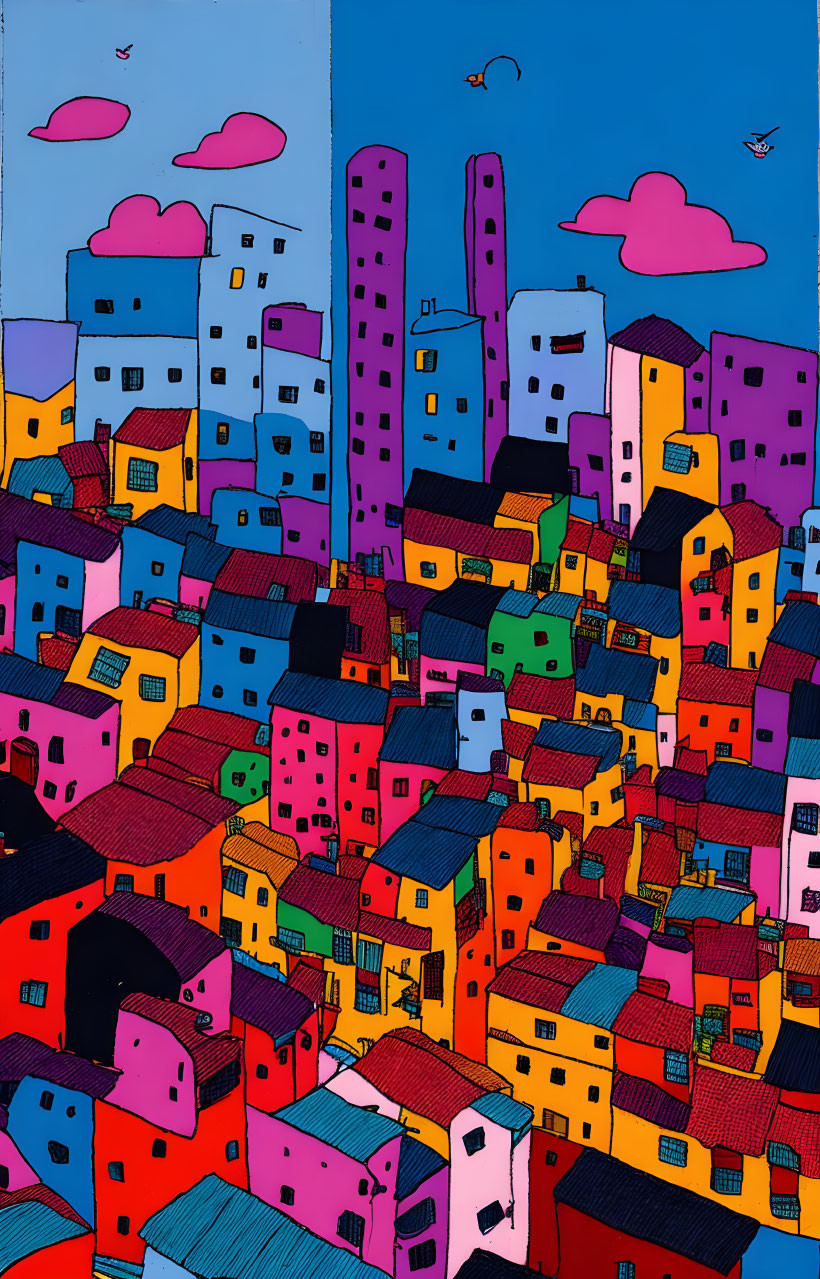 Vibrant cityscape illustration with colorful buildings at twilight