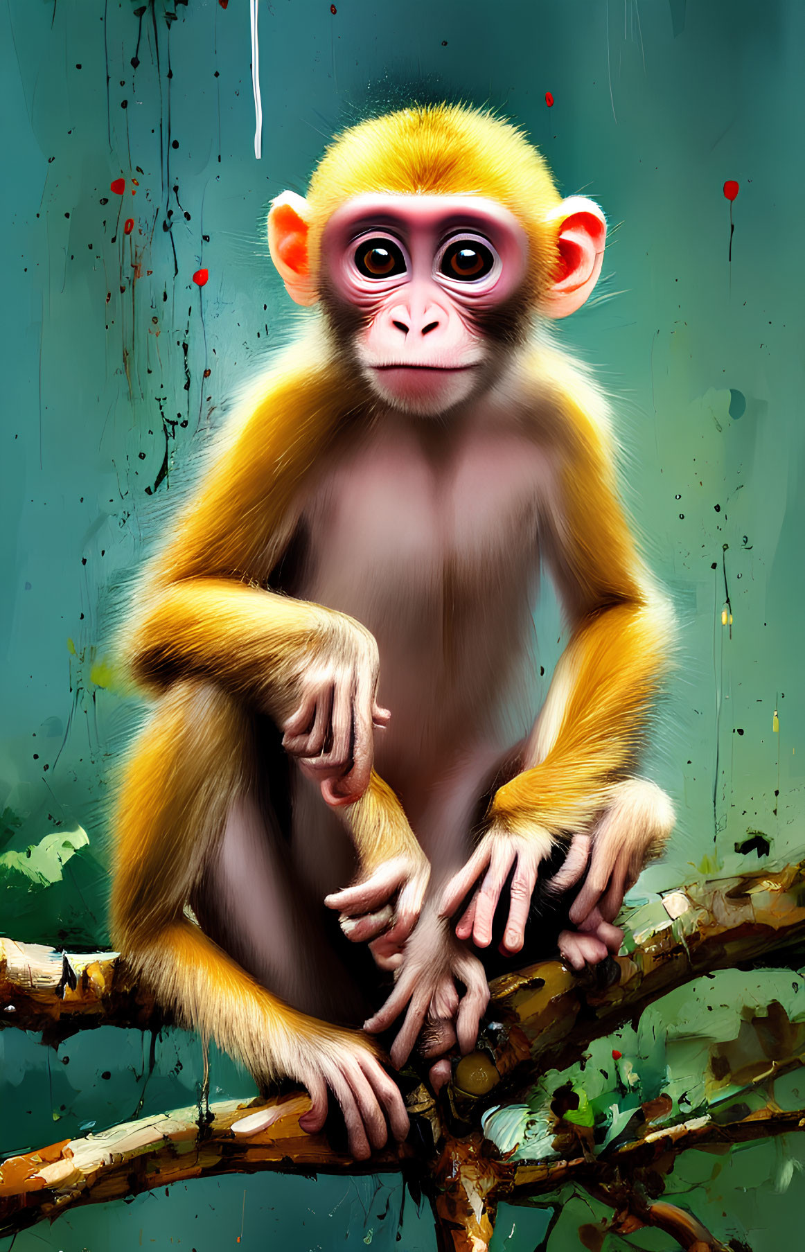 Vibrant baby monkey on tree branch against turquoise background