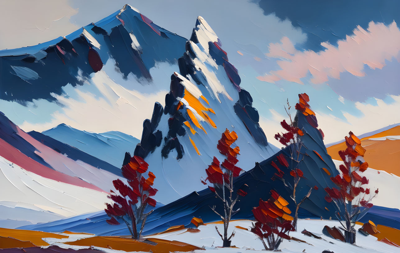 Majestic mountains and colorful trees under vibrant sky
