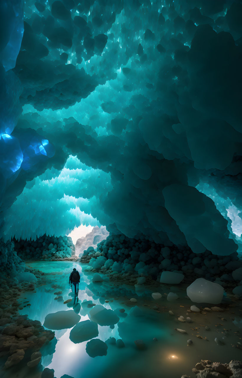 ai, traveler in a huge aqua crystal cave 