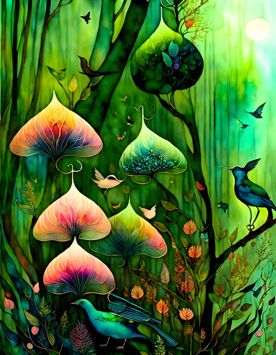 beautiful mood forest birds watercolor ink fantasy