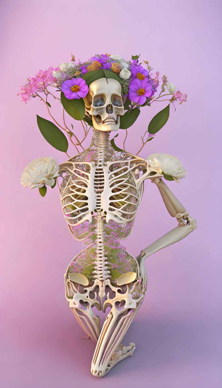 skeleton posing for pictures, flowers, surreal