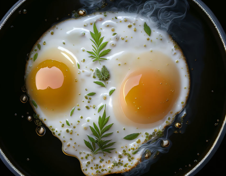 Freshly cooked sunny-side-up eggs with green herbs and spices in a pan.