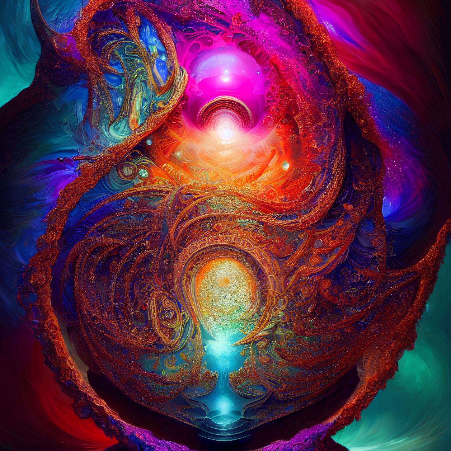 Colorful Abstract Fractal Art with Swirling Patterns and Glowing Orb