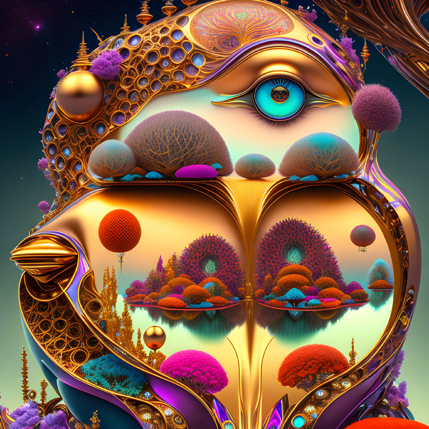Abstract surreal digital art with vivid colors and central eye in symmetrical composition