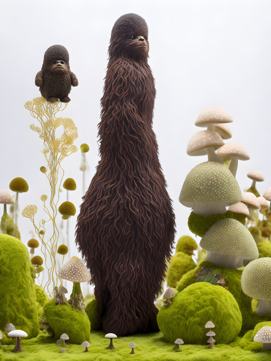 Furry creature with small companion in fantasy mushroom landscape