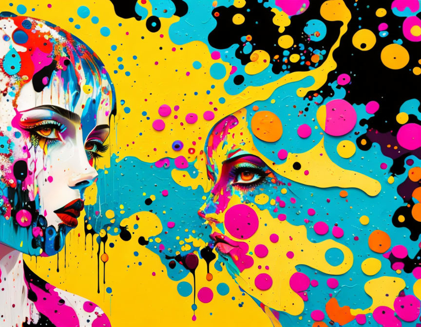 Vibrant multicolored paint splatters on stylized female faces