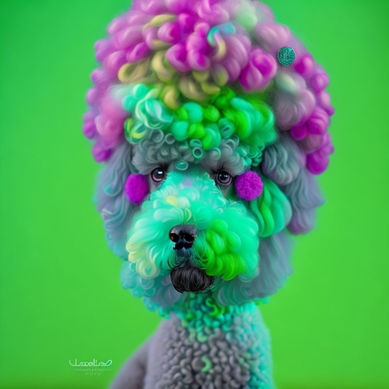 green wool poodle portrait, Lisa Frank Surreal Pop