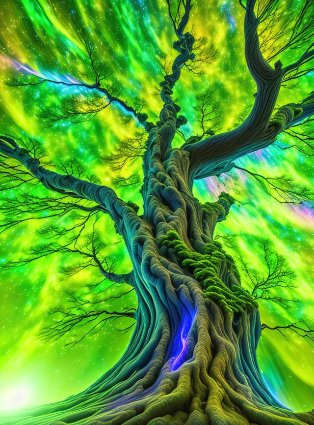 Gnarled tree with vibrant green branches against surreal sky