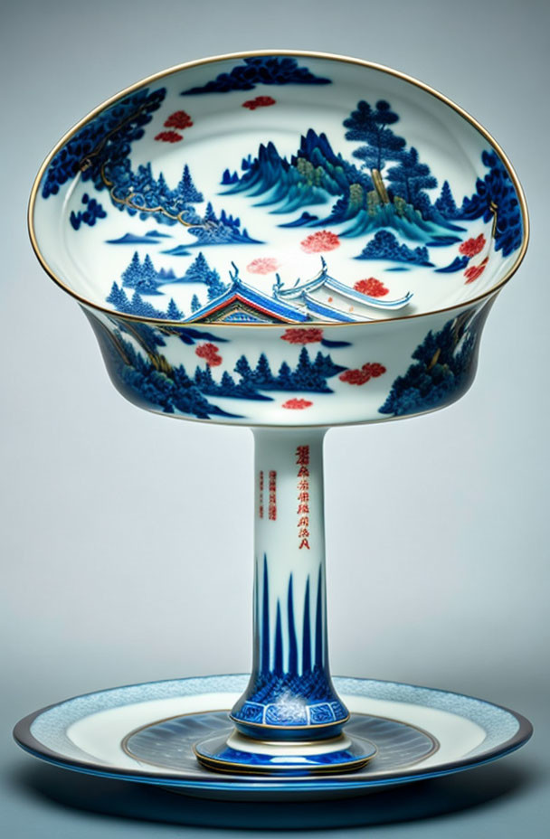 Chinese Porcelain Bowl with Blue and White Landscape Motifs on Matching Stand and Plate