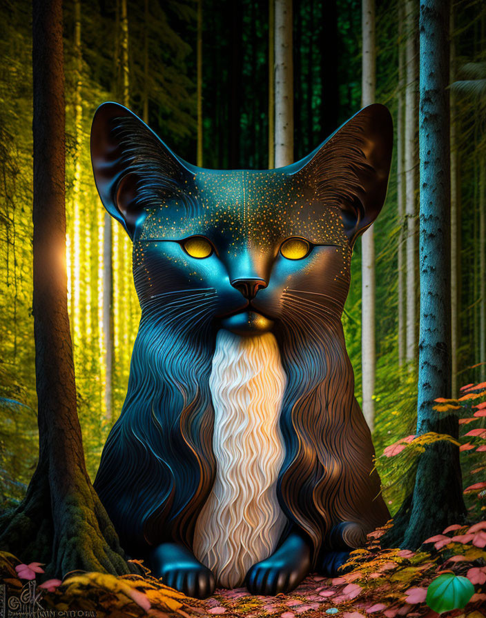 Digital Art: Black Cat with White Beard in Enchanted Forest