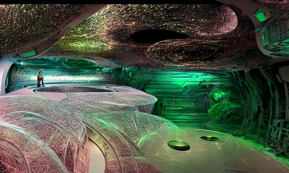 Futuristic neon-lit spaceship corridor with metallic walls