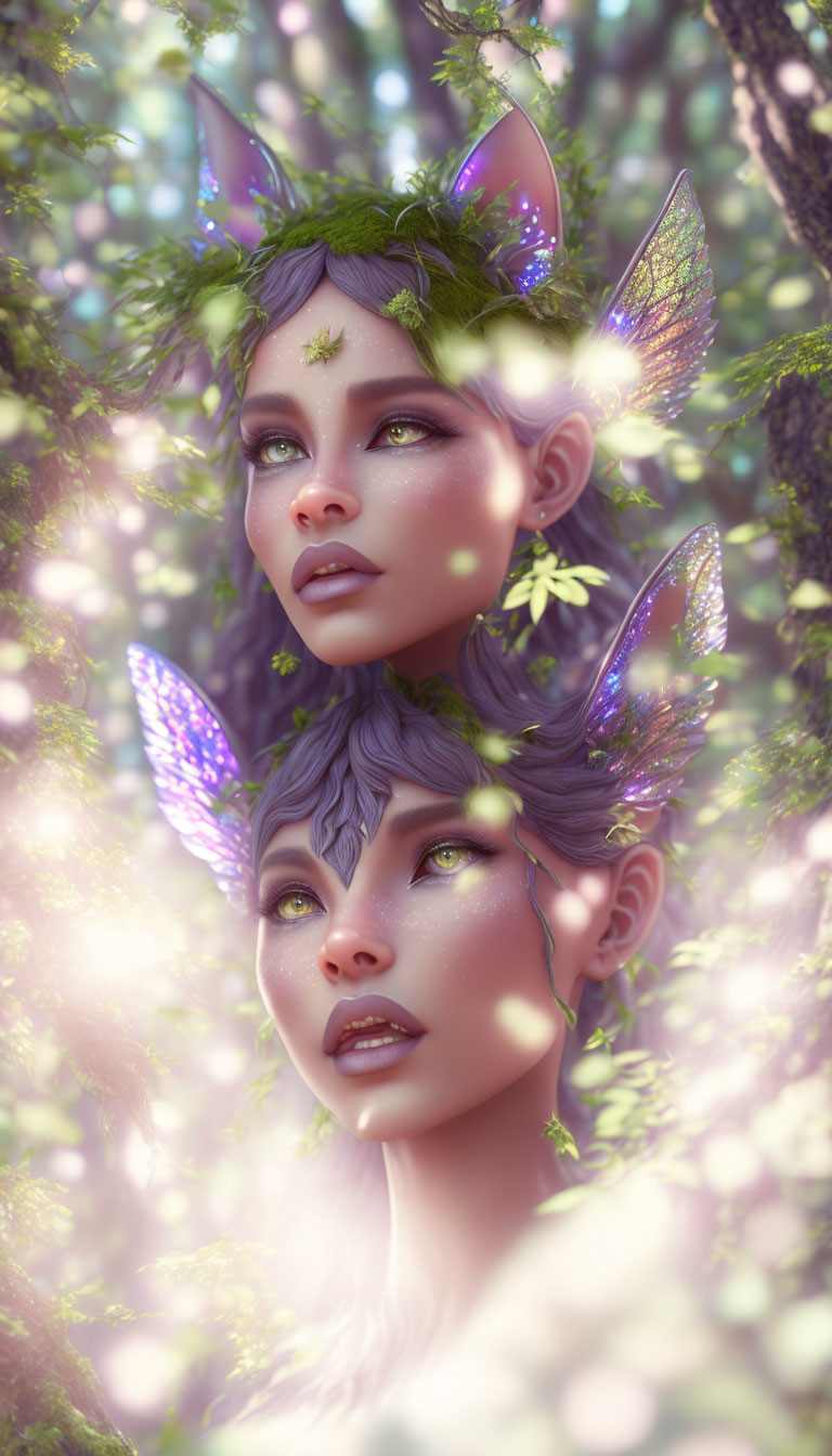 Ethereal beings with pointed ears and butterfly wings in whimsical forest.